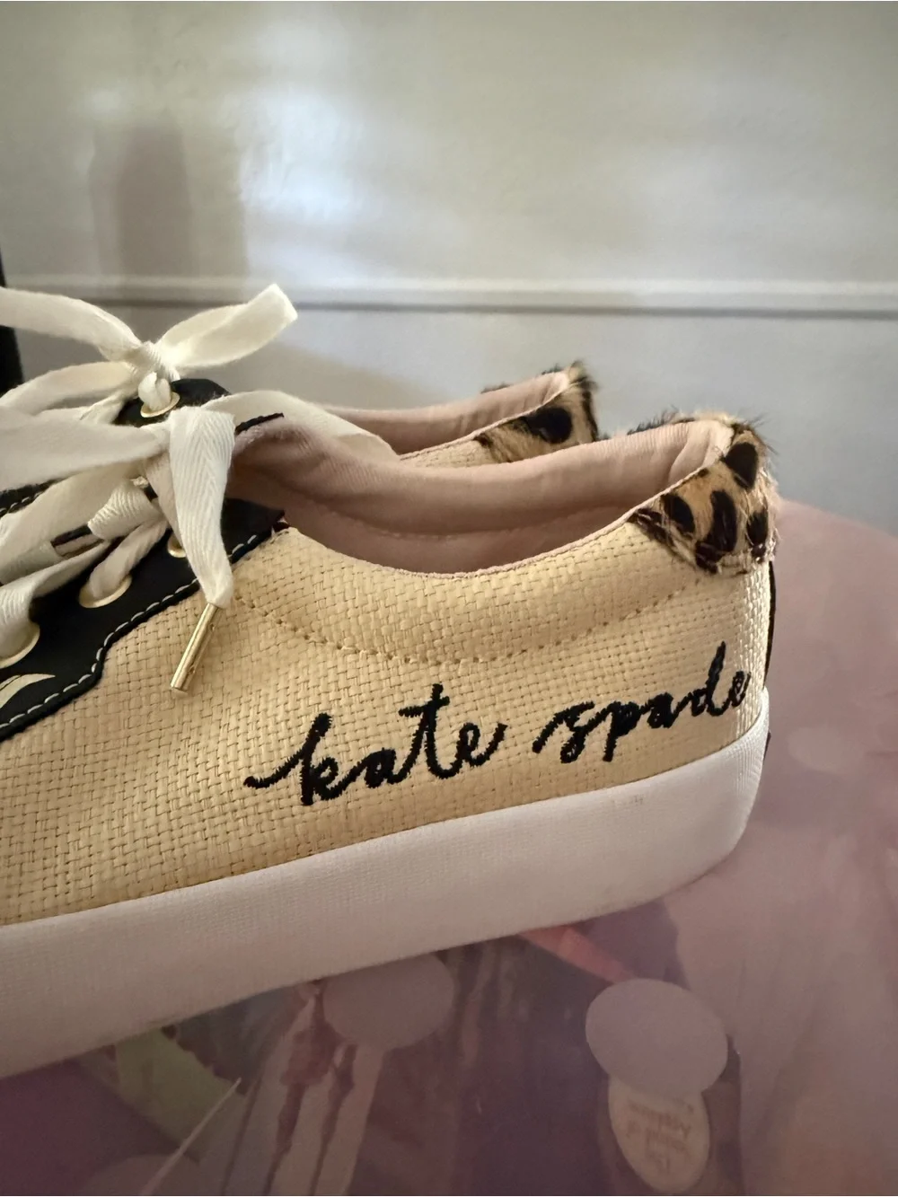 kate spade Cream Canvas Sneakers with Black Trim and Leopard Accent
